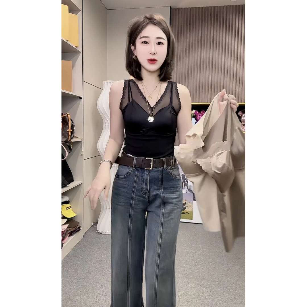 法式2025早秋新款轻奢拼接网纱加厚一体式舒适长款吊带背心上衣女