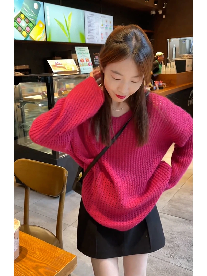 2025新款早秋氛围感法式时尚气质温柔独特精致高级感玫红色毛衣女