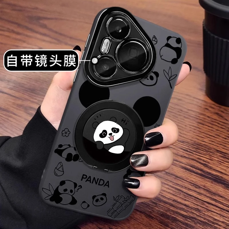 可爱熊猫适用华为pura70pro手机壳卡通可爱旋转支架高级mate70pro