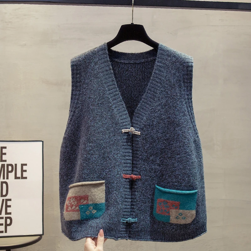 新中式v领开衫针织背心2025秋冬新款外穿马毛衣显瘦通勤女马甲