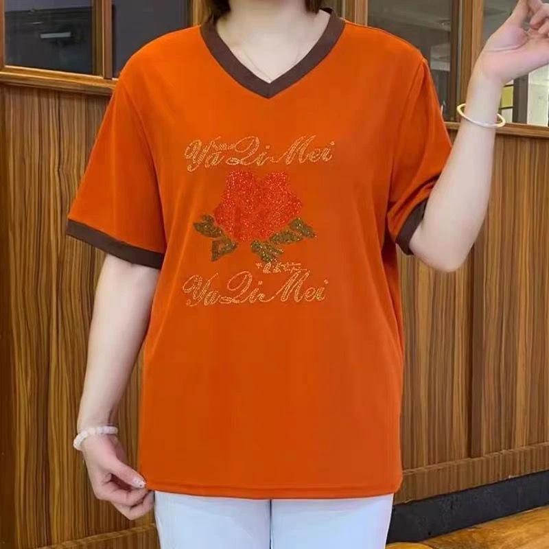 2025夏季短袖新款V领宽松休闲百搭时尚T恤夏季网红大码中老年女装