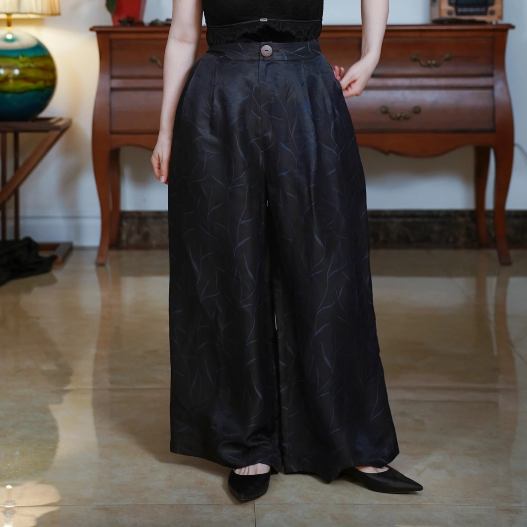 『清欢』复古中国风提花松紧腰气质百搭长款宽腿裤-A4K6263