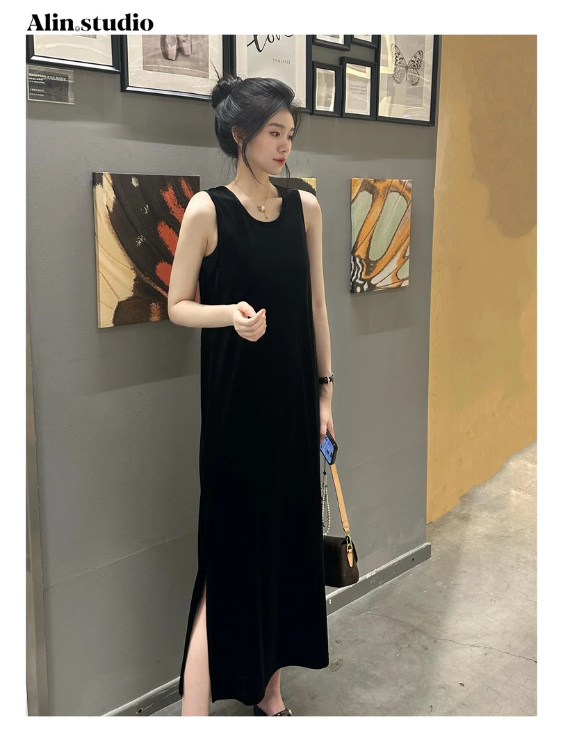 【黑色】轻奢千金贵气感丝绒连衣裙显瘦气质长款背心小黑裙