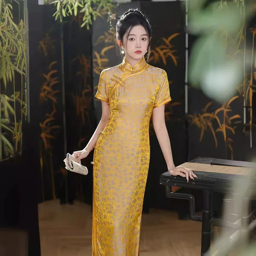 0195 荧光黄 重工 双边 八扣 （宫廷）旗袍