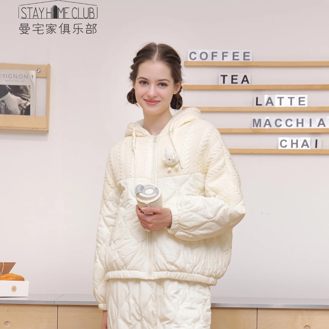 曼宅家冬季女士新款加绒春亚纺连帽套装年青时尚保暖家居服睡衣