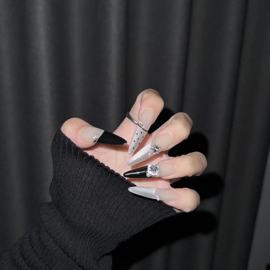 经典百搭黑色波点法式气质猫眼春夏显白纯手工高级感穿戴甲575号