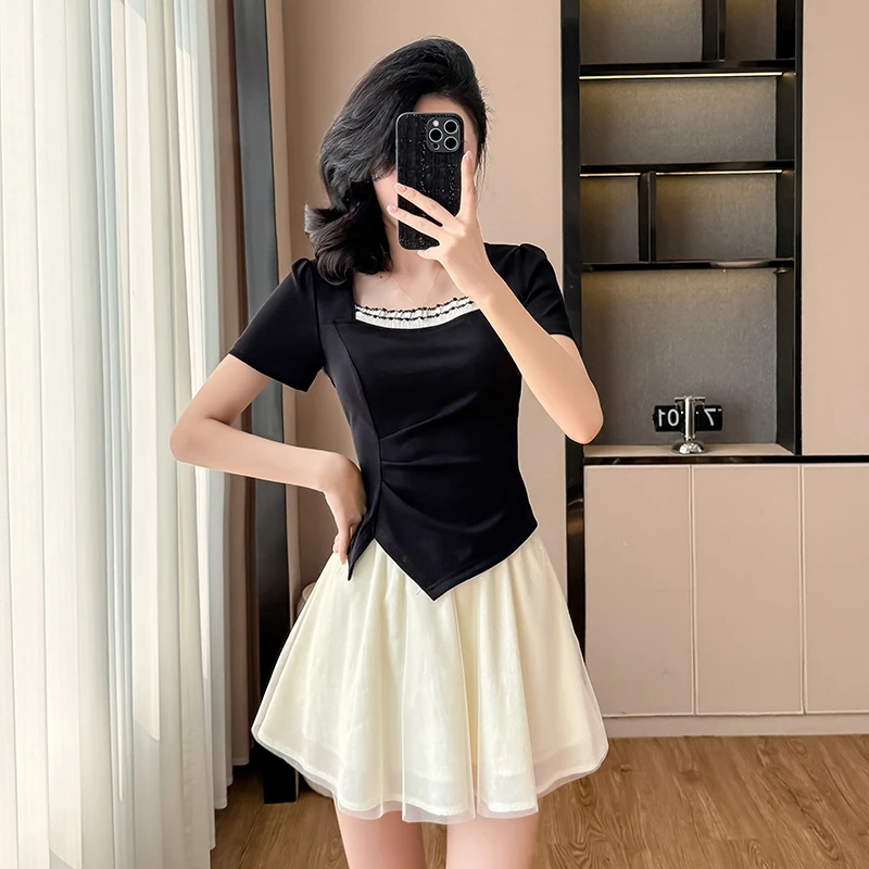 夏季新款时尚小香风法式温柔风气质短袖上衣显瘦高腰半身裙两件套