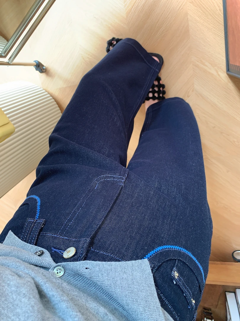 洋气蓝边刺绣四面弹九分牛仔裤女早秋新款高腰显瘦宽松直筒阔腿裤