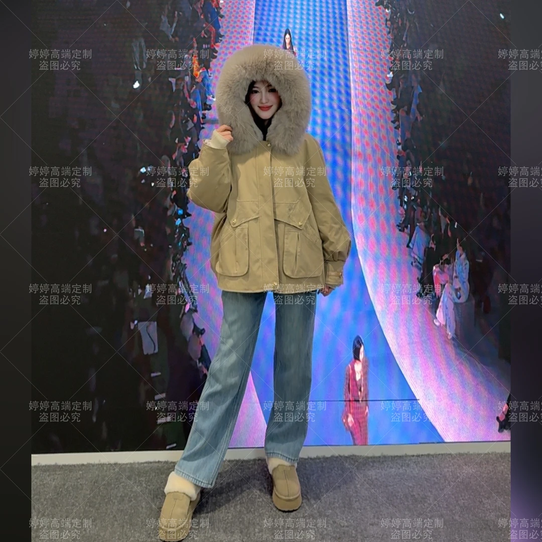 【小精灵獭兔+毛袖】2024冬季新款修身狐狸毛领獭兔内胆女款派克服