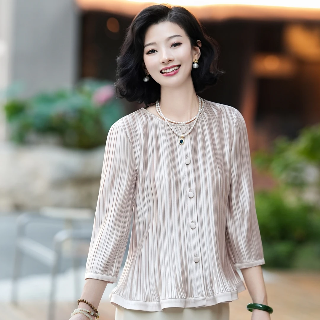 西子/【柔风】法式压褶腰带收腰显瘦气质香槟粉衬衫/CSZY289