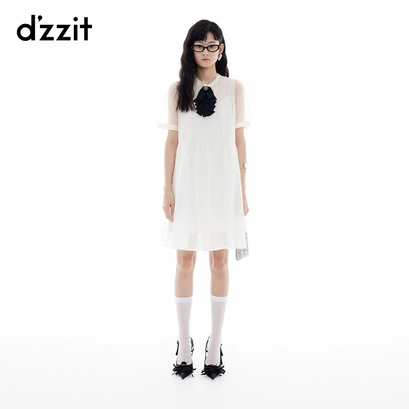 【商场同款新品】dzzit地素连衣裙25夏莱赛尔白色塔克肌理3J2O319