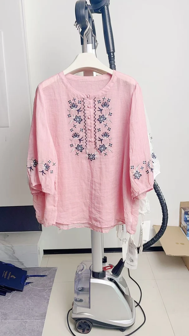 9809 【兰菲娅】--夏季新款100苎麻重工刺绣圆领小衫