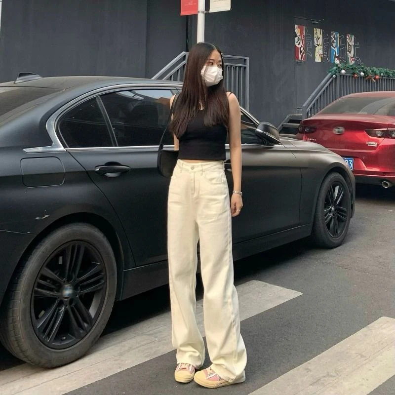 100%棉高腰阔腿裤牛仔裤米白色裤子春秋小个子裤子百搭宽松显瘦