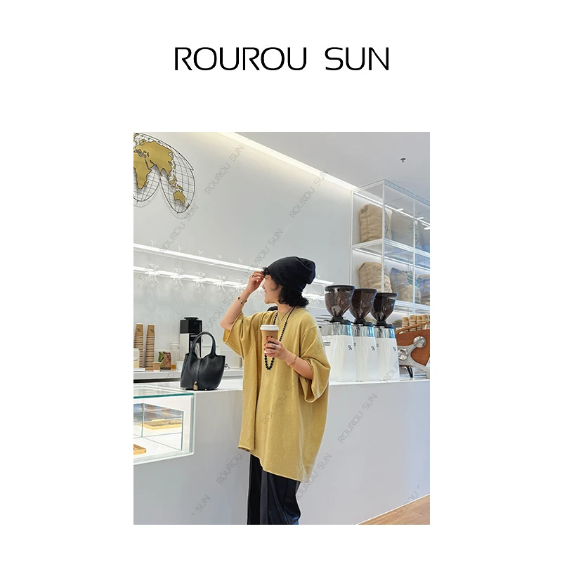 28782早秋款女装极简空气感卷边毛织短袖宽松气质慵懒圆领针织衫