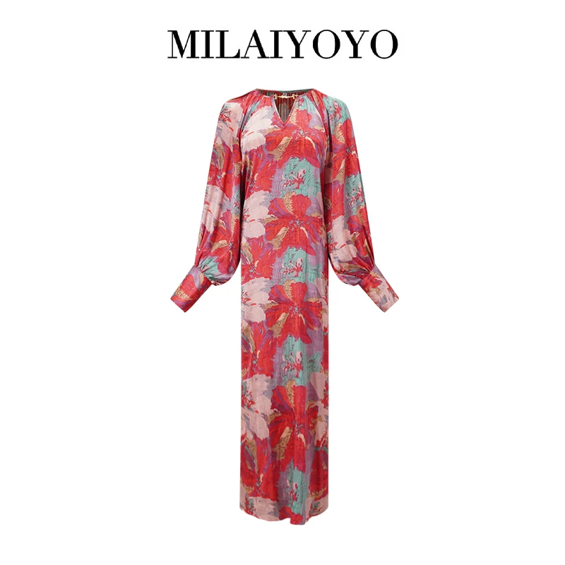 芈莱尤优-新款【繁花似锦】金属链装饰V领真丝连衣裙L25-5313