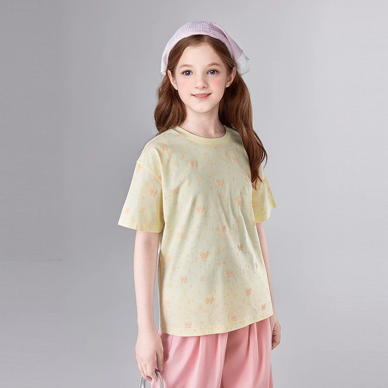 笛莎女童短袖T恤夏季新款中大童宝宝印花圆领短袖上衣-7M2520409