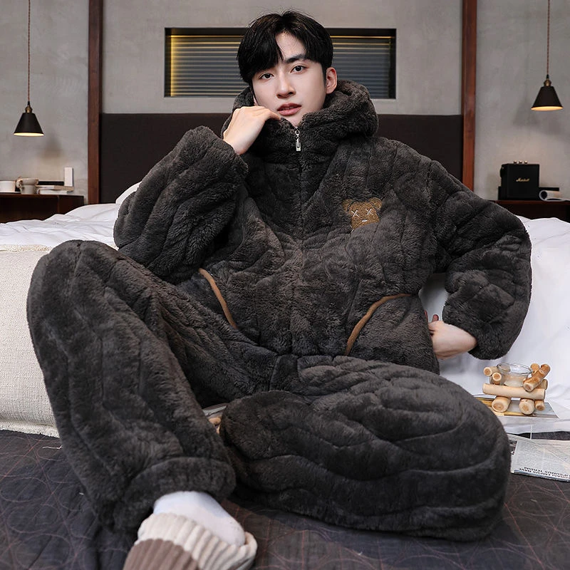 睡衣男冬季2024新款珊瑚绒加绒加厚保暖法兰绒套装三层夹棉家居服