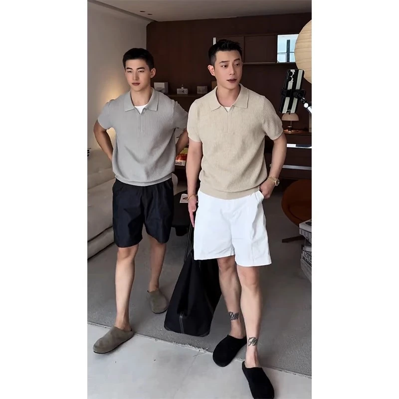 抖音老钱风轻奢新贵POLO衫短袖男款海鸥领针织t恤冰丝翻领半袖