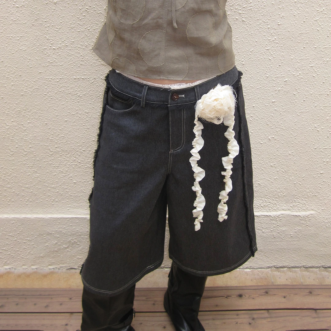 Gemini买手店MEIEWIE颗粒感杂色流苏边仿牛仔粗布中裤女2025新款