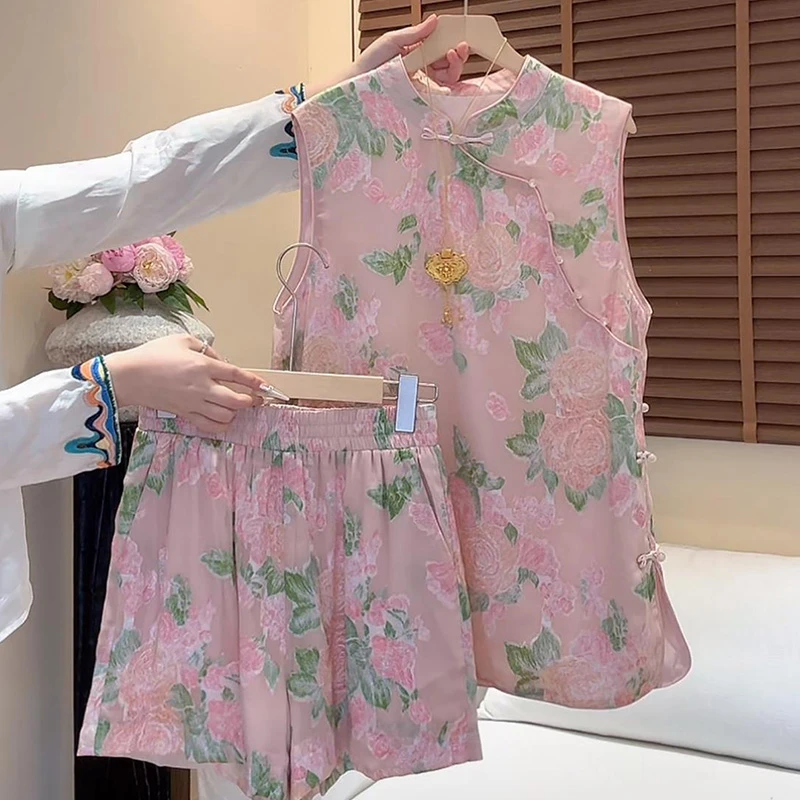 新中式国风套装女2025夏季新款提花盘扣立领马甲上衣短裤两件套潮