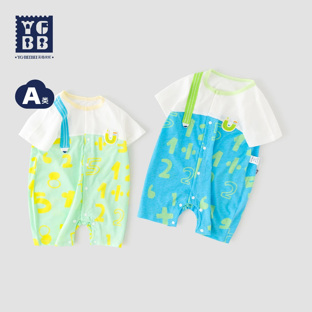 英格贝贝男宝宝短袖连体衣夏天纯棉哈衣婴幼儿夏季衣服薄款外出服
