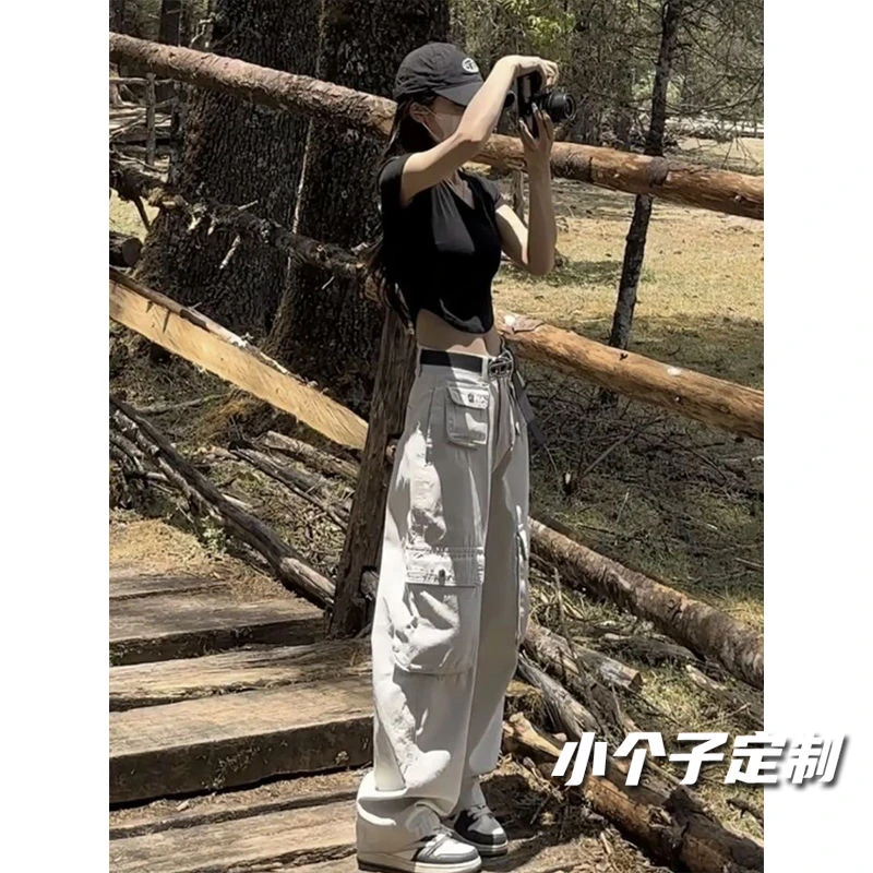 美式复古高腰工装牛仔裤秋冬新款宽松小个子百搭垂感阔腿长裤8214