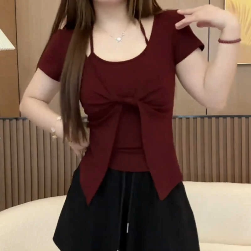 大码女装纯棉假两件挂脖短袖t恤洋气胖mm夏季遮肚子纯欲甜辣上衣