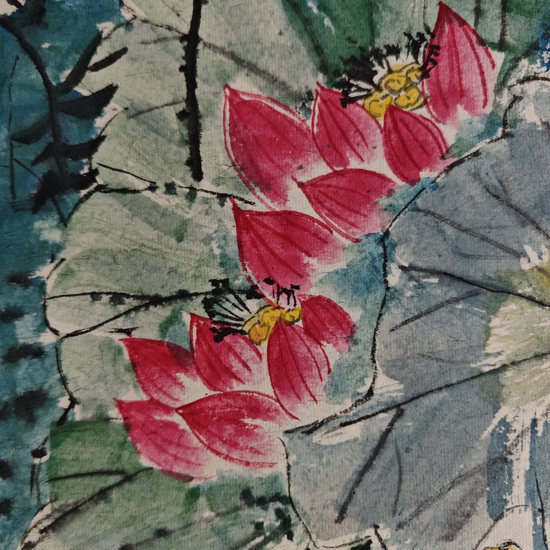 手绘国画卡纸作品，荷花，38×38