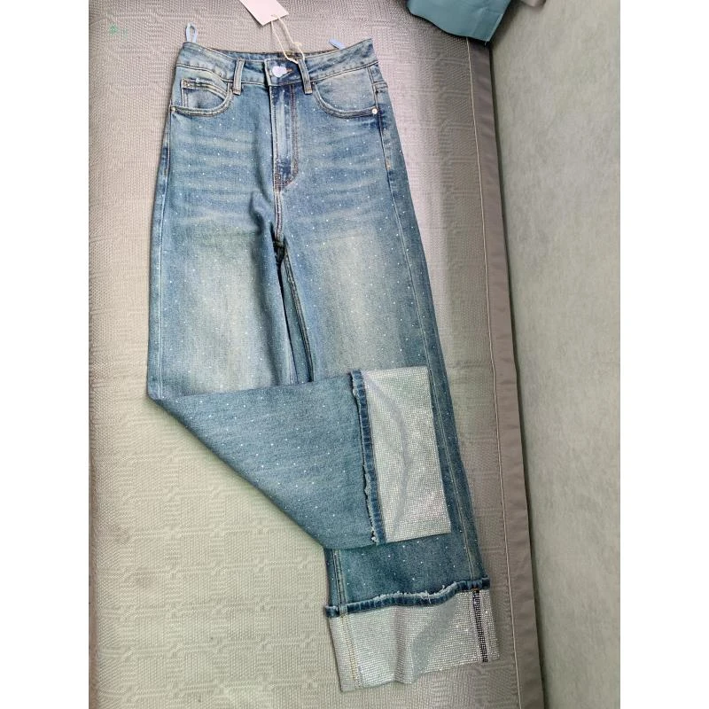 【卷边直筒】欧货重工星空烫钻高腰春秋女装个性潮款直筒牛仔裤8818