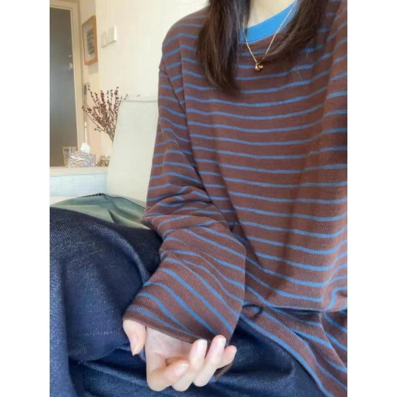 NXH-[多巴胺甜妹风]韩系软糯慵懒风长袖打底条纹上衣O-25874