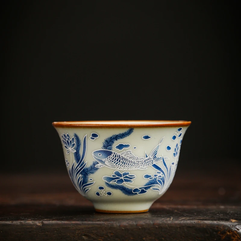 汝窑鱼藻纹品茗杯鎏银功夫茶具茶杯单个主人杯个人杯开片可养茶杯