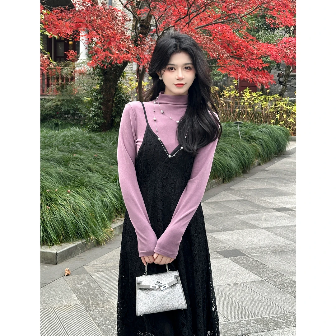SE【芳心】连衣裙女秋冬法式赫本风蕾丝气质针织吊带显瘦V领小黑裙
