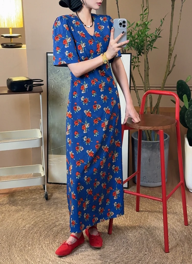 HUI - 【景泰蓝】7896  港风红蓝碎花连衣裙