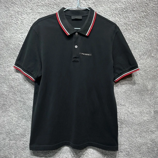 99新 Prada/普拉达 L码 胸前皮标黑色条纹短袖W1099胸围52衣长70