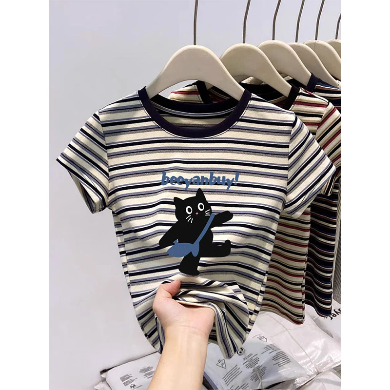 小众拼色条纹设计感正肩圆领短袖t恤女夏季2025新款时尚洋气上衣