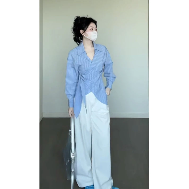 2025秋季新款修身显瘦气质时尚条纹上衣休闲慵懒百搭宽松直筒长裤