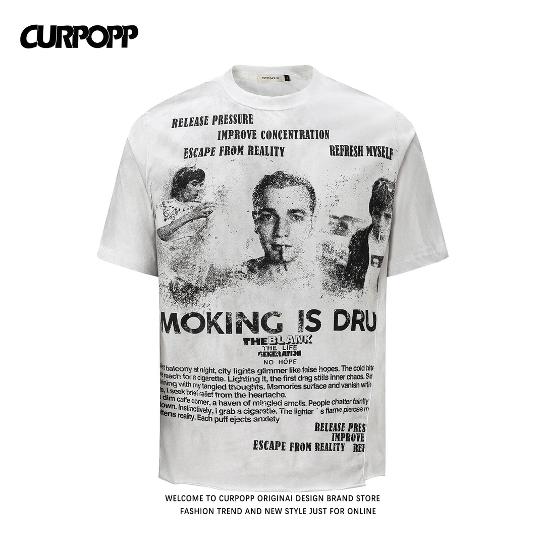 CURPOPP美式复古朋克风人物海报数码直喷短袖T恤男女夏季卷边上衣