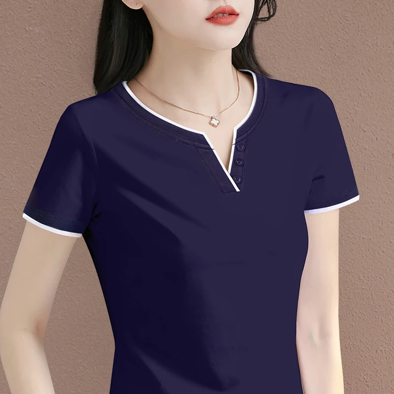 【精梳棉时尚百搭短袖】V领拼接短袖女2025夏季新款显瘦减龄上衣衫