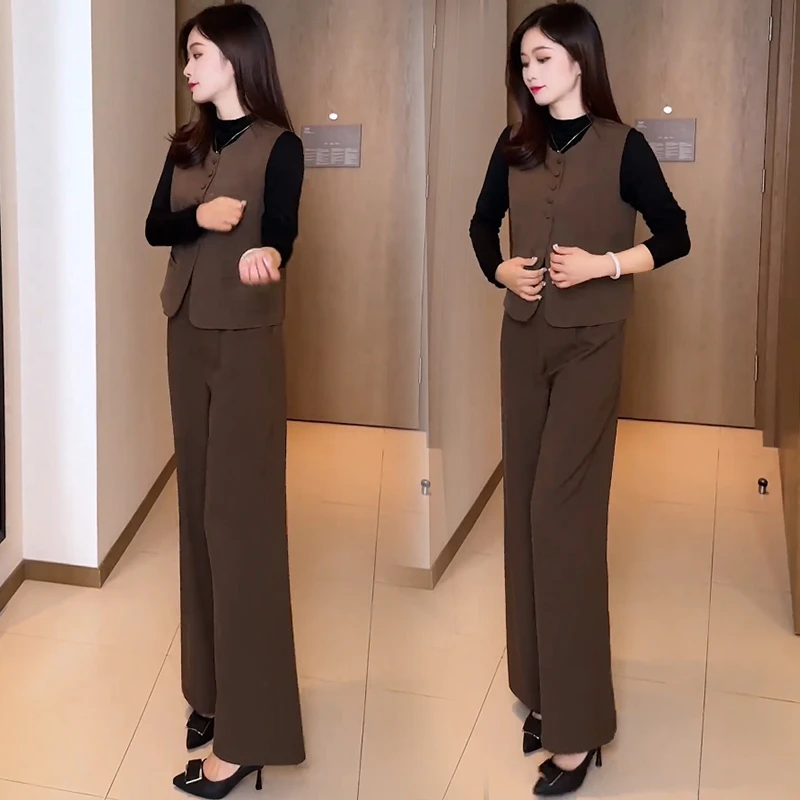 时尚套装女2025秋季新款洋气显瘦马甲打底衫阔腿裤休闲减龄三件套