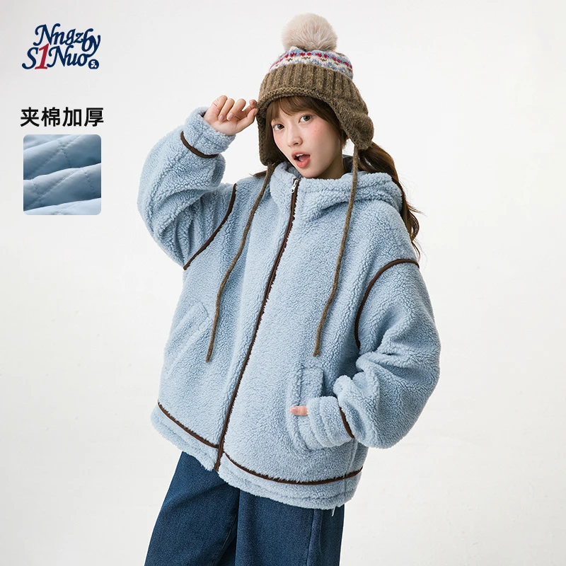 初中生蓝色羊羔毛外套加厚连帽外套C25DW0067D