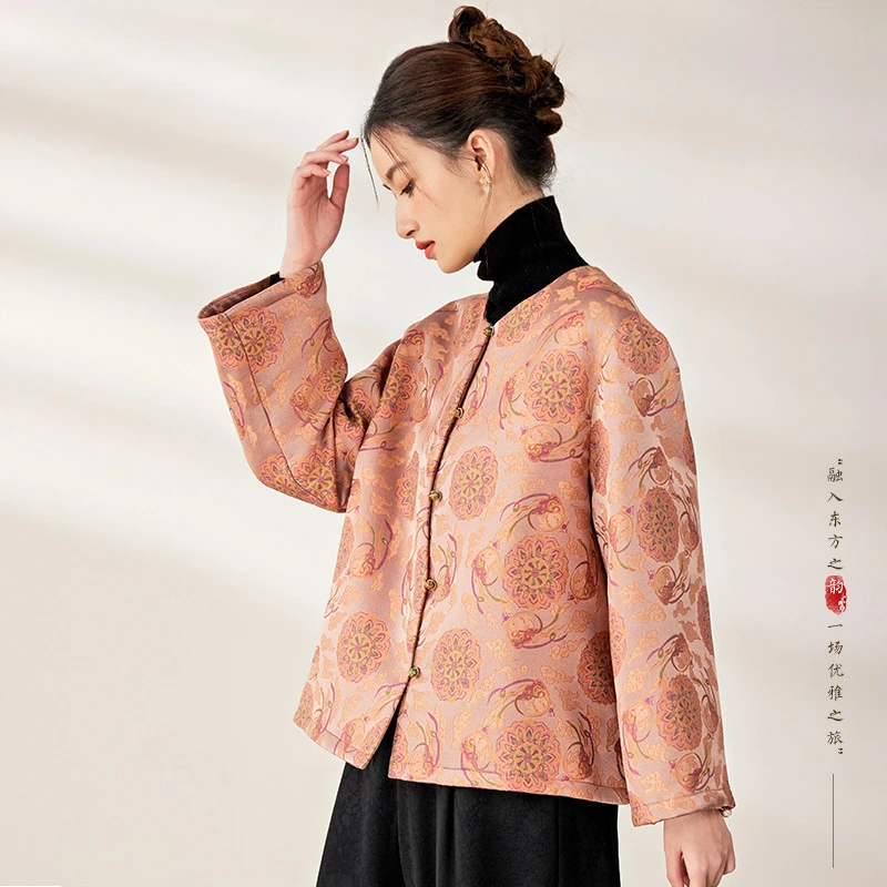 敦煌飞天兔~50姆米重磅桑蚕丝新中式国风棉服上衣女2024夹棉外套