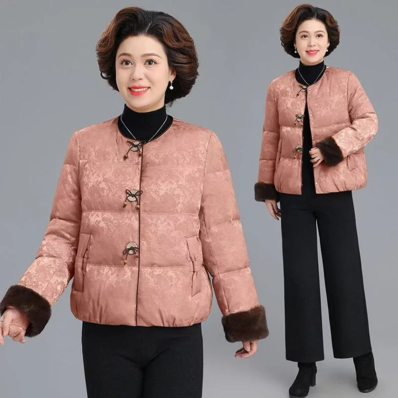 中老年妈妈装外套2025冬季新款国风印花时尚优雅舒适保暖女装棉衣