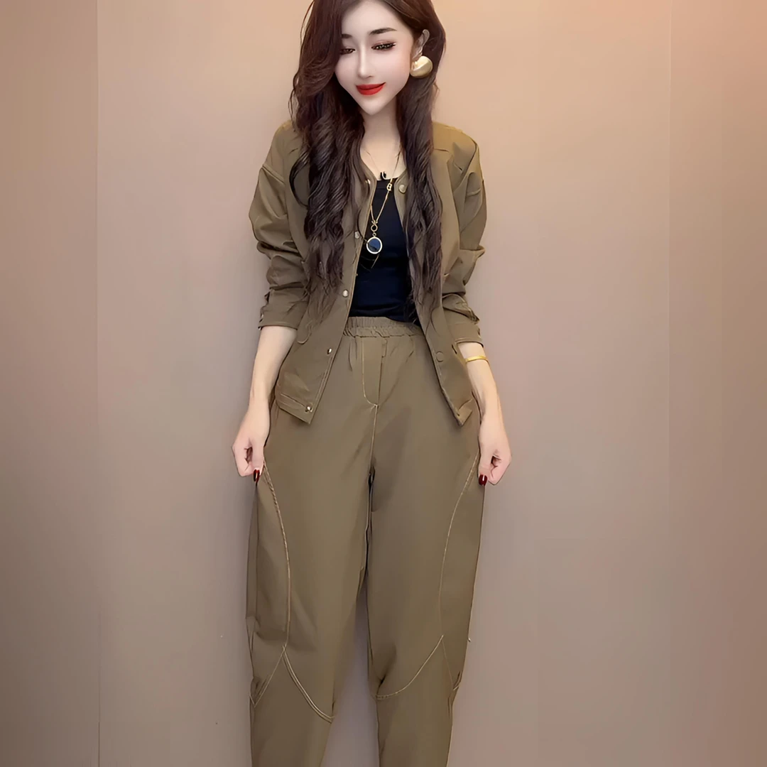 2025年秋季新款韩版网红时尚休闲洋气减龄短款口袋上衣+裤子套装
