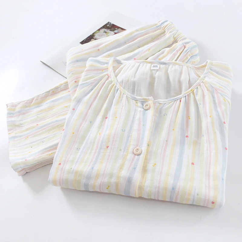 水洗泡泡棉纱睡衣女纯棉春夏花边圆领开衫甜美印花长袖家居服套装