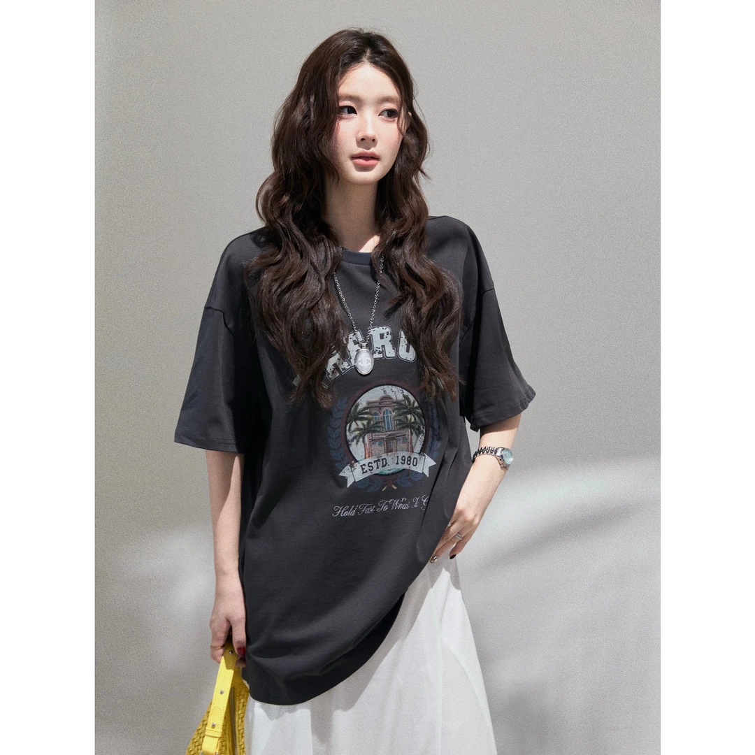 【谢不肉】宽松印花圆领短袖T恤女夏休闲韩版百搭显瘦上衣50014