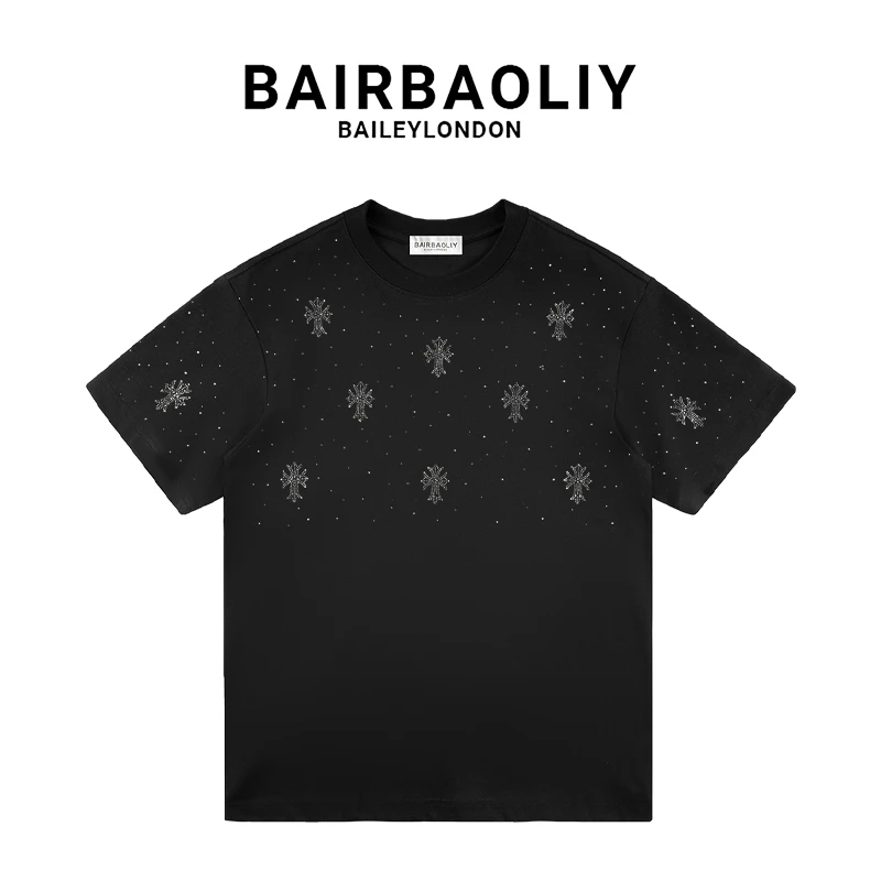 BAIRBAOLIY满天星氛围感闪钻十字架美式休闲透气短袖T恤男装潮牌