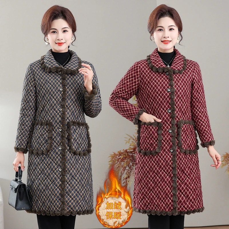 秋冬新款气质中长款外套妈妈装中老年加绒加厚洋气格子保暖棉衣