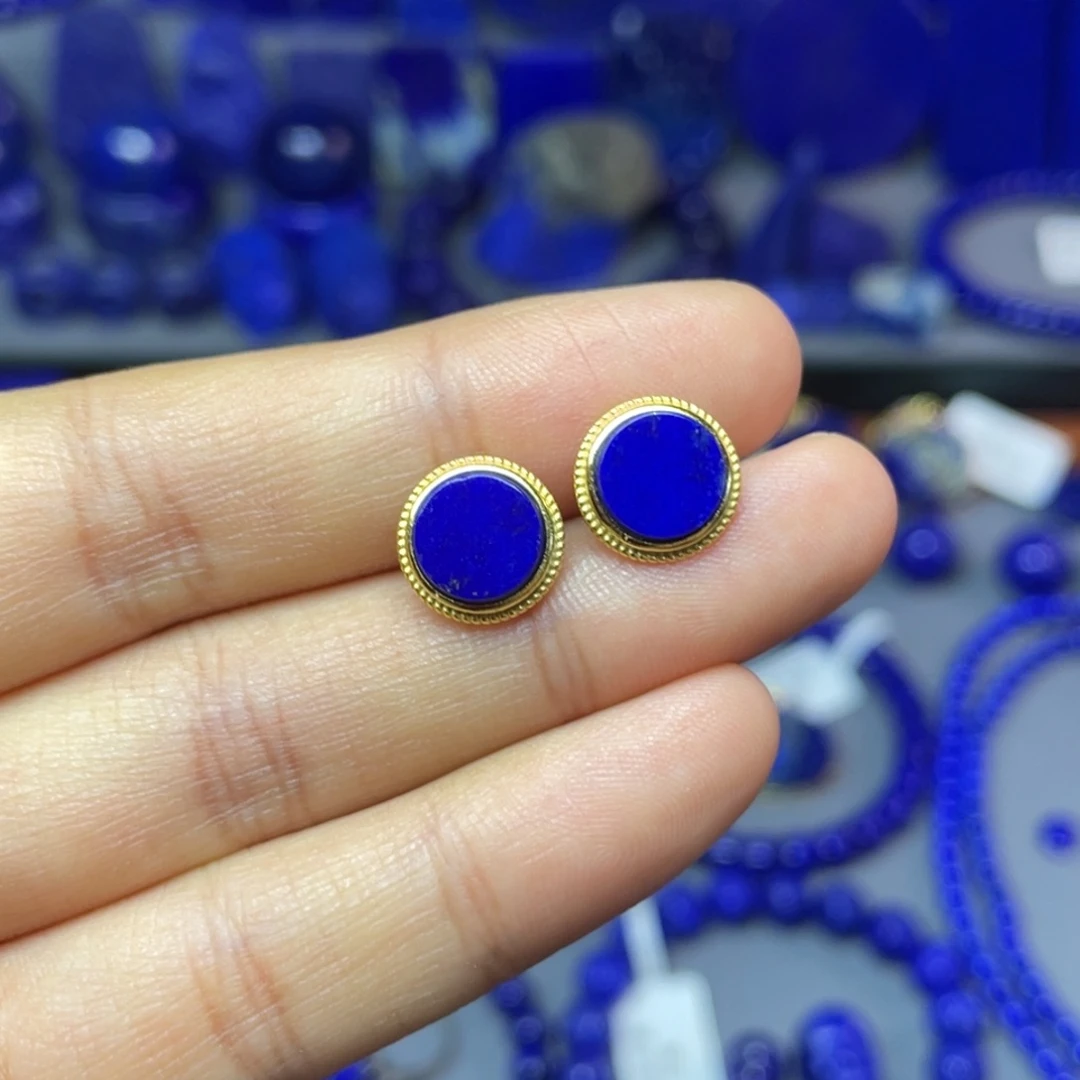 青金石银S925镀金镶嵌9mm耳饰