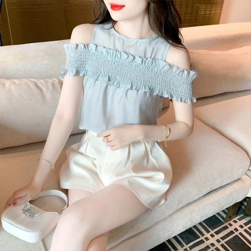 荷叶边露肩港风衬衫女夏季新款高级感时尚洋气宽松显瘦短款上衣服