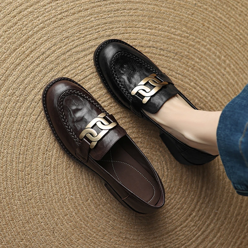 圆头单鞋女百搭真皮一脚蹬乐福鞋英伦风金属扣通勤小皮鞋手工鞋子